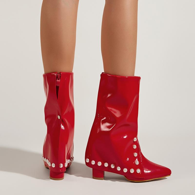 Pointed Toe Thick Heel Red Pearl Boots Newgew