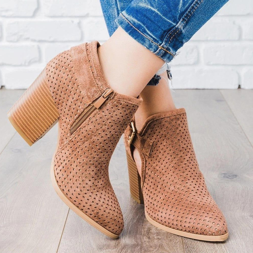 Cutout Buckle Design Thick Heeled Ankle Boots Newgew