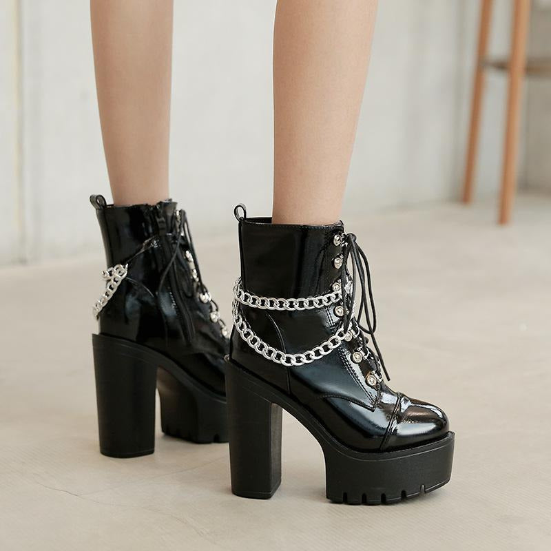 Waterproof Platform Chunky Chain Decorated Short Boots Newgew