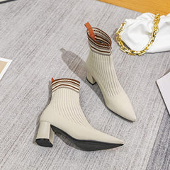 Pointed Toe Chunky Heel Knitted Stretch Sock Boots Newgew
