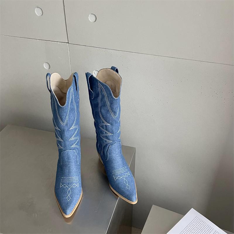 Retro Pointed Toe Chunky Embroidered Western Cowboy Boots Newgew