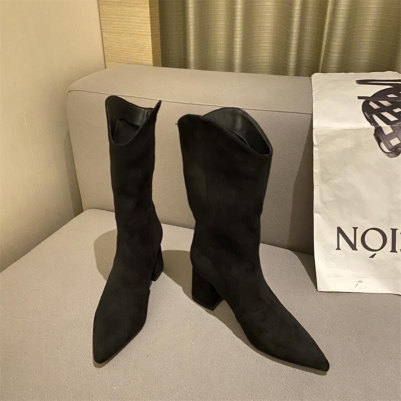 Chunky Heeled Pointed Toe Mid-calf Boots Newgew