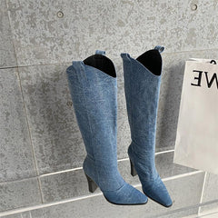 Denim Pointed Toe High Heeled Western Cowboy Boots Newgew