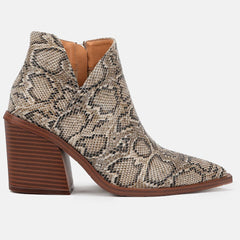 Thick Heeled Pointed Toe Snake Print Leather Boots Newgew
