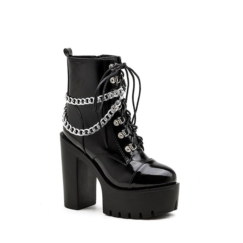 Halloween High Heeled Waterproof Platform Patent Leather Chain Boots Newgew