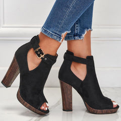 Buckle Design Peep Toe Thick Heeled Stretch Boots Newgew