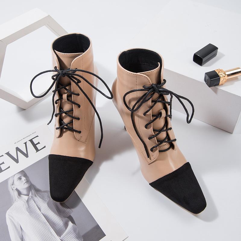 Color Block Lace-up Front Heeled Boots Newgew