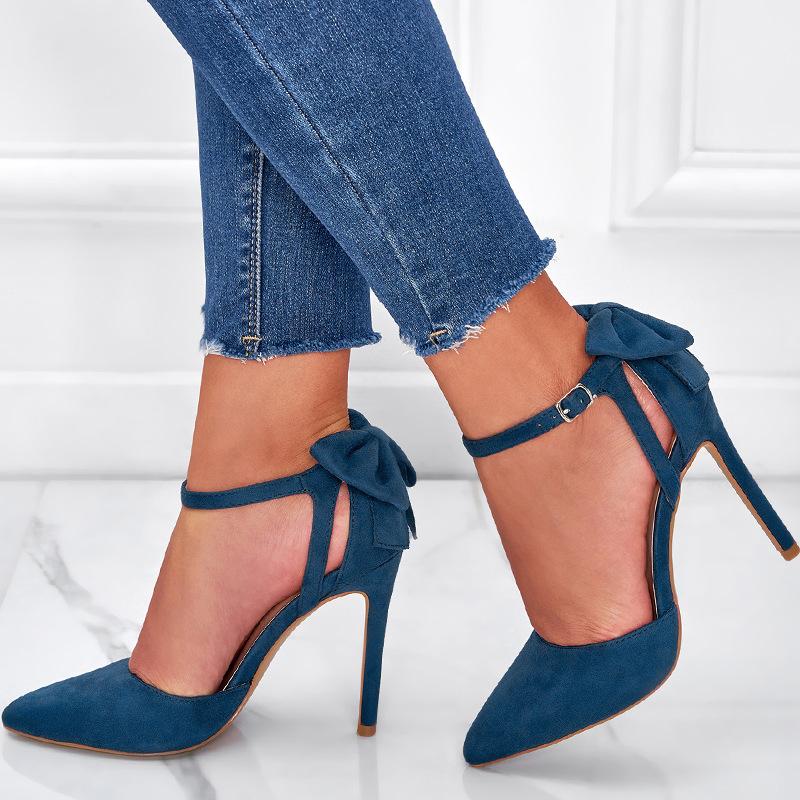 Suede Bow Decor Stiletto Heeled Ankle Strap Pumps Newgew