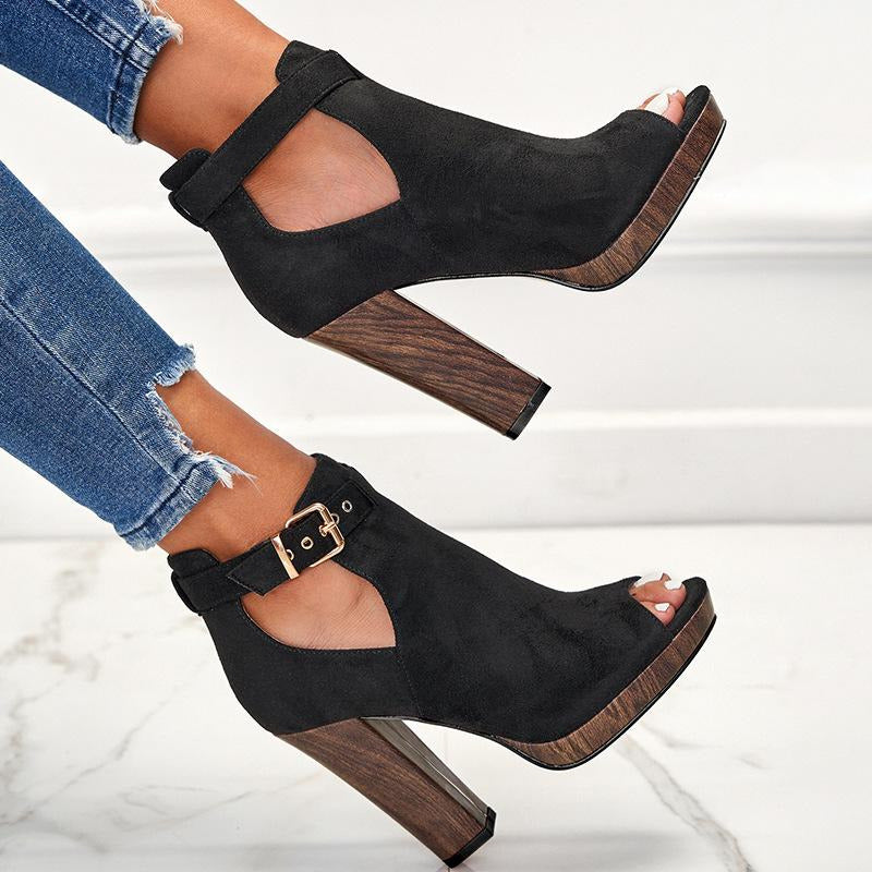 Buckle Design Peep Toe Thick Heeled Stretch Boots Newgew