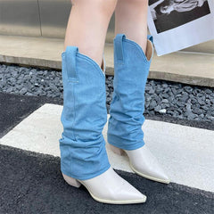 Western Denim Spliced High Boots Newgew