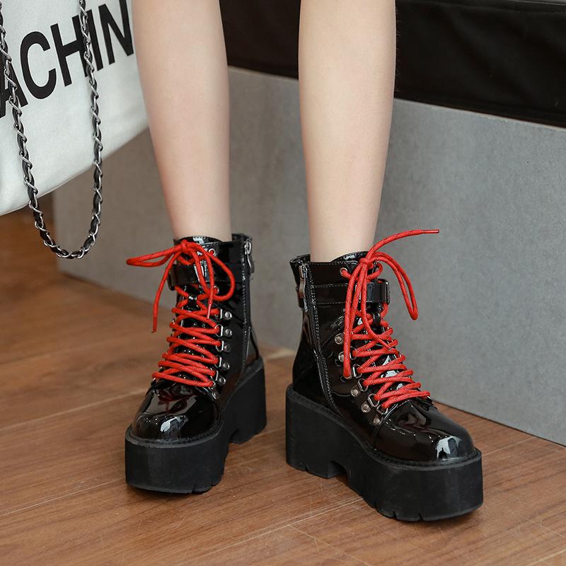Patent Leather Lace-up Thick-soled Boots Newgew