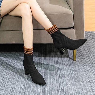 Pointed Toe Chunky Heel Knitted Stretch Sock Boots Newgew