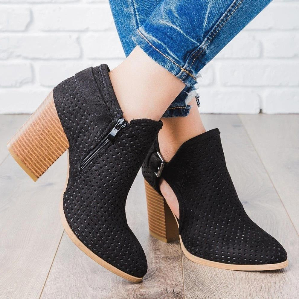 Cutout Buckle Design Thick Heeled Ankle Boots Newgew