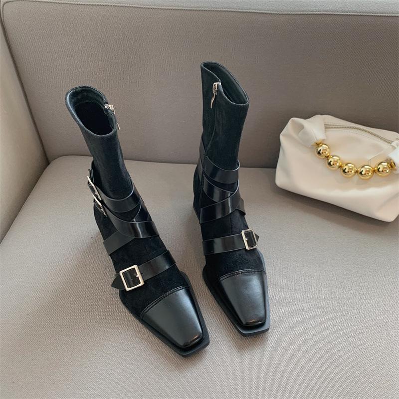 Straps Square Toe Sock Ankle Boot Buckle Detail Strappy Boots Newgew