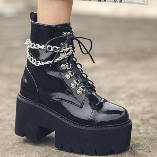Thick-soled Patent Leather Chain Elements Lace-up Padded Boots Newgew