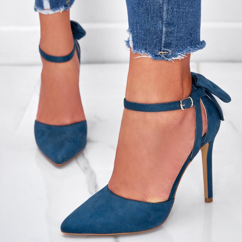 Suede Bow Decor Stiletto Heeled Ankle Strap Pumps Newgew