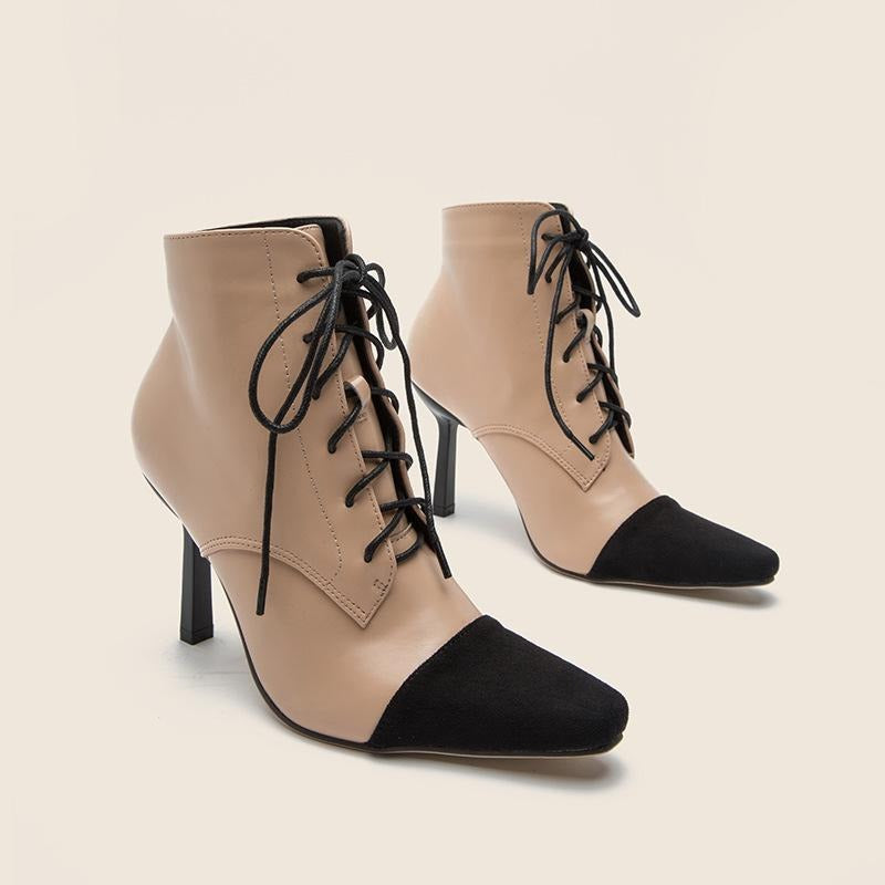 Color Block Lace-up Front Heeled Boots Newgew