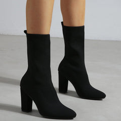 Pointed Toe Chunky Heel Sock Boots Newgew