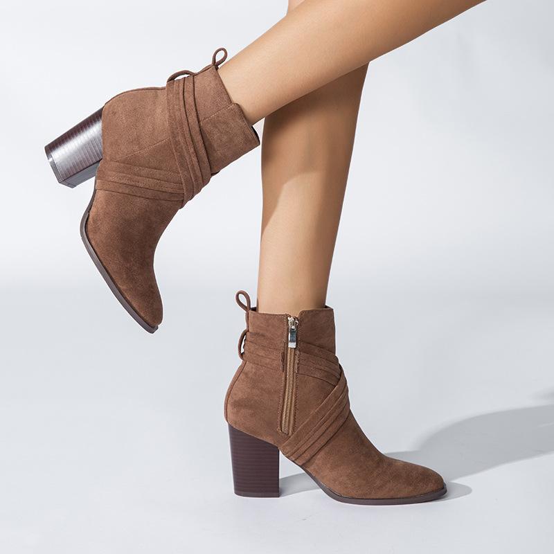 Suede Thick Heeled Side Zipper Boots Newgew