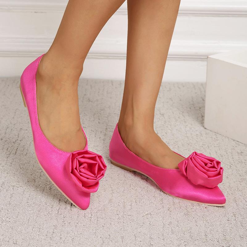 Floral Decorated Pointed Toe Satin Flats Newgew