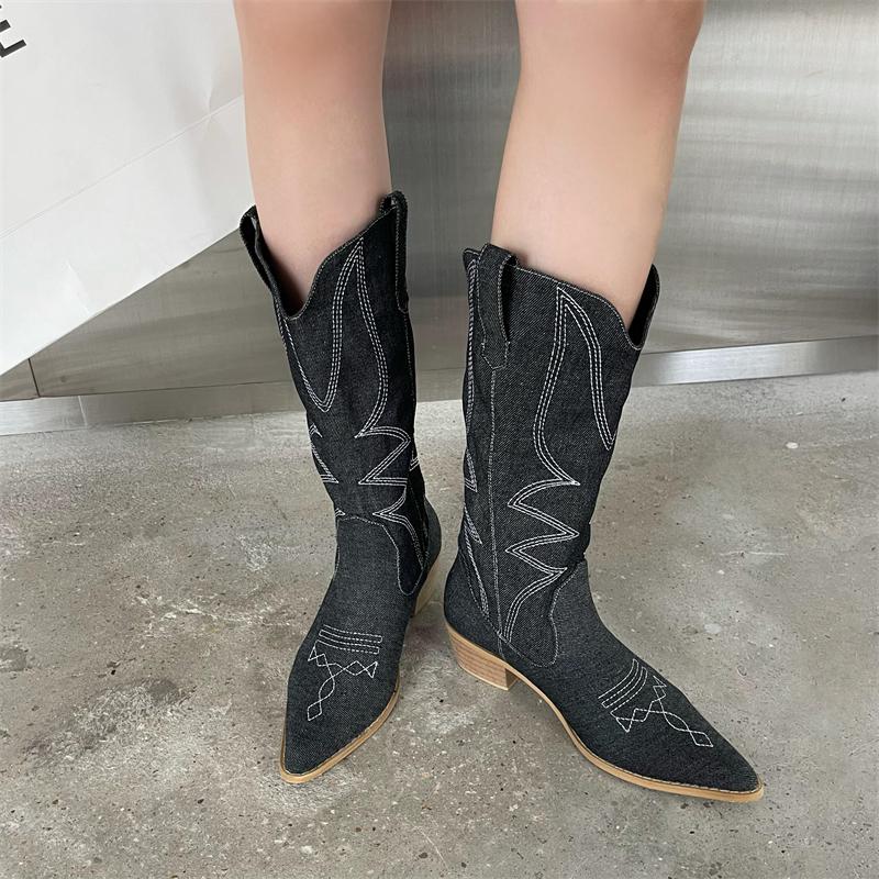 Retro Pointed Toe Chunky Embroidered Western Cowboy Boots Newgew