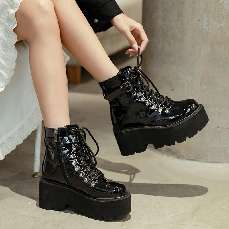 Patent Leather Lace-up Thick-soled Boots Newgew