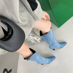 Denim Pointed Toe High Heeled Western Cowboy Boots Newgew