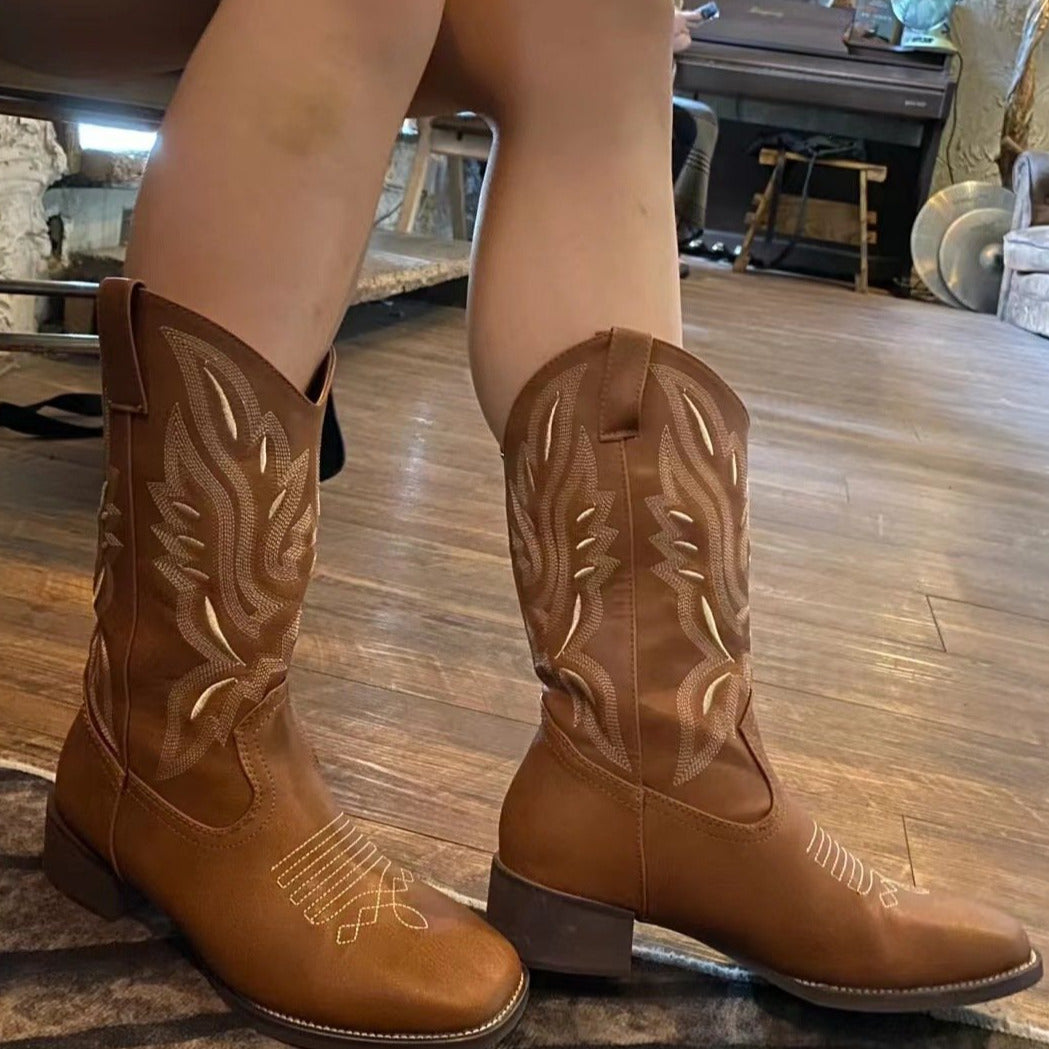 Retro Square Toe Western Cowboy Boots Newgew