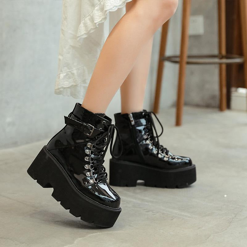 Patent Leather Lace-up Thick-soled Boots Newgew