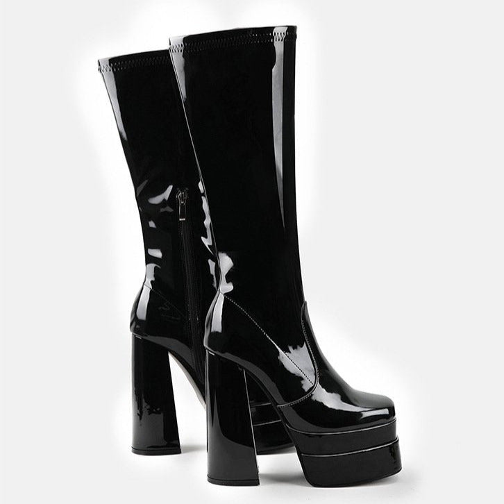 Thick Waterproof Platform Chunky Heel Side Zipper Mid-calf Boots Newgew