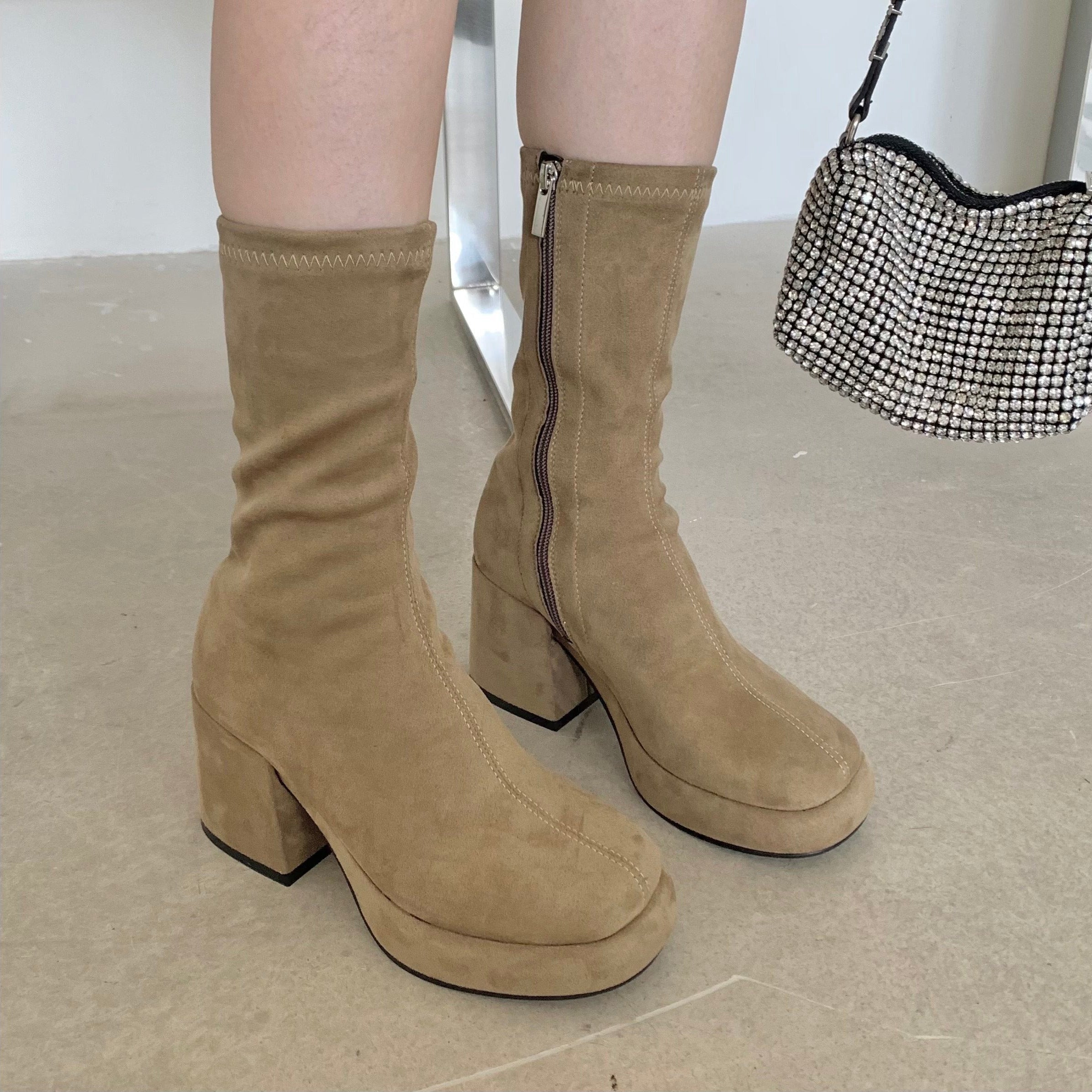 Faux Suede Pointed Toe Mid Calf Chunky Booties Newgew