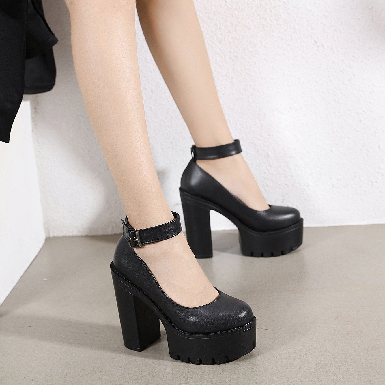 Minimalist Ankle Strap Chunky Pumps Newgew