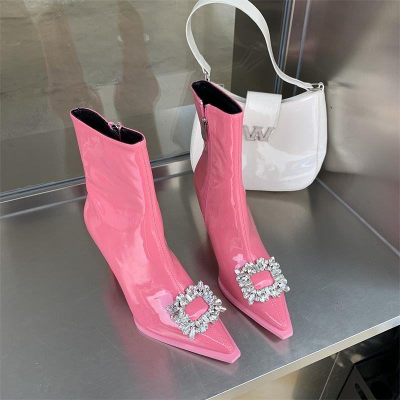 Rhinestone Zipper Heeled Boots Newgew