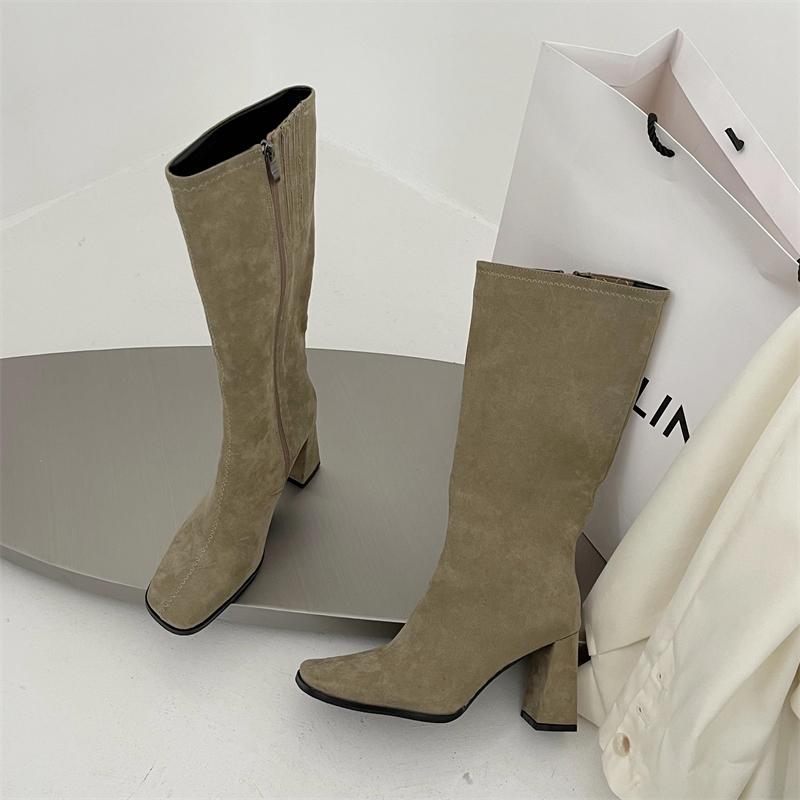 British Style Side Zipper Pointed Toe Chunky Boots Newgew