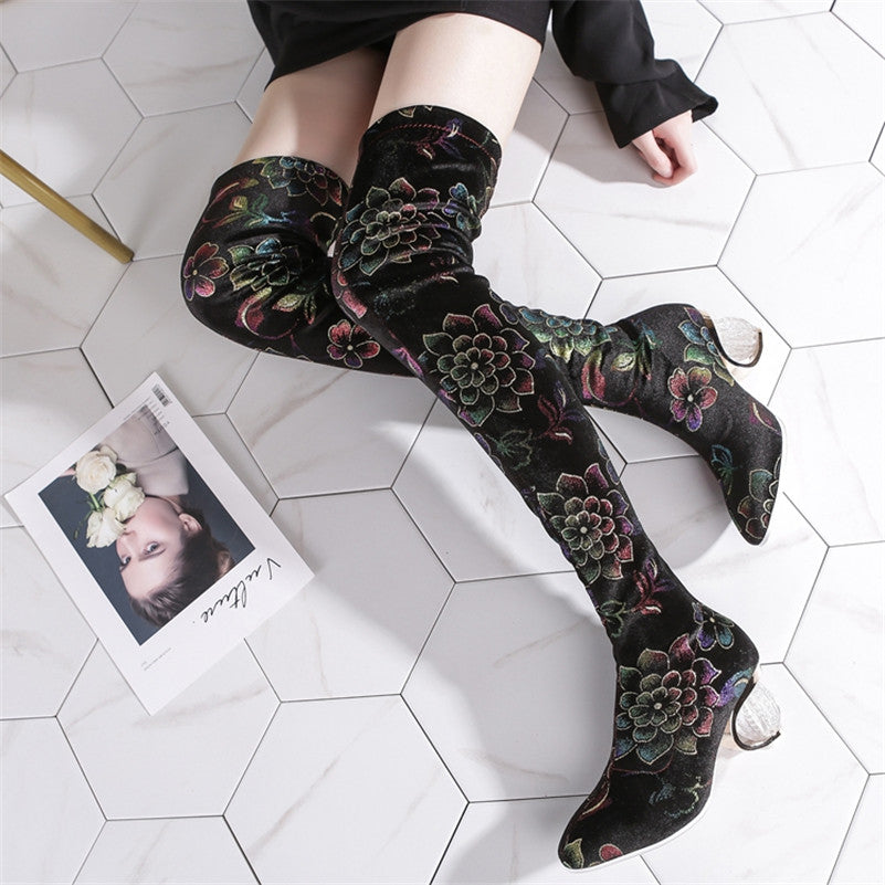 Melany Lucky Lotus Print Stretch Boots newgew