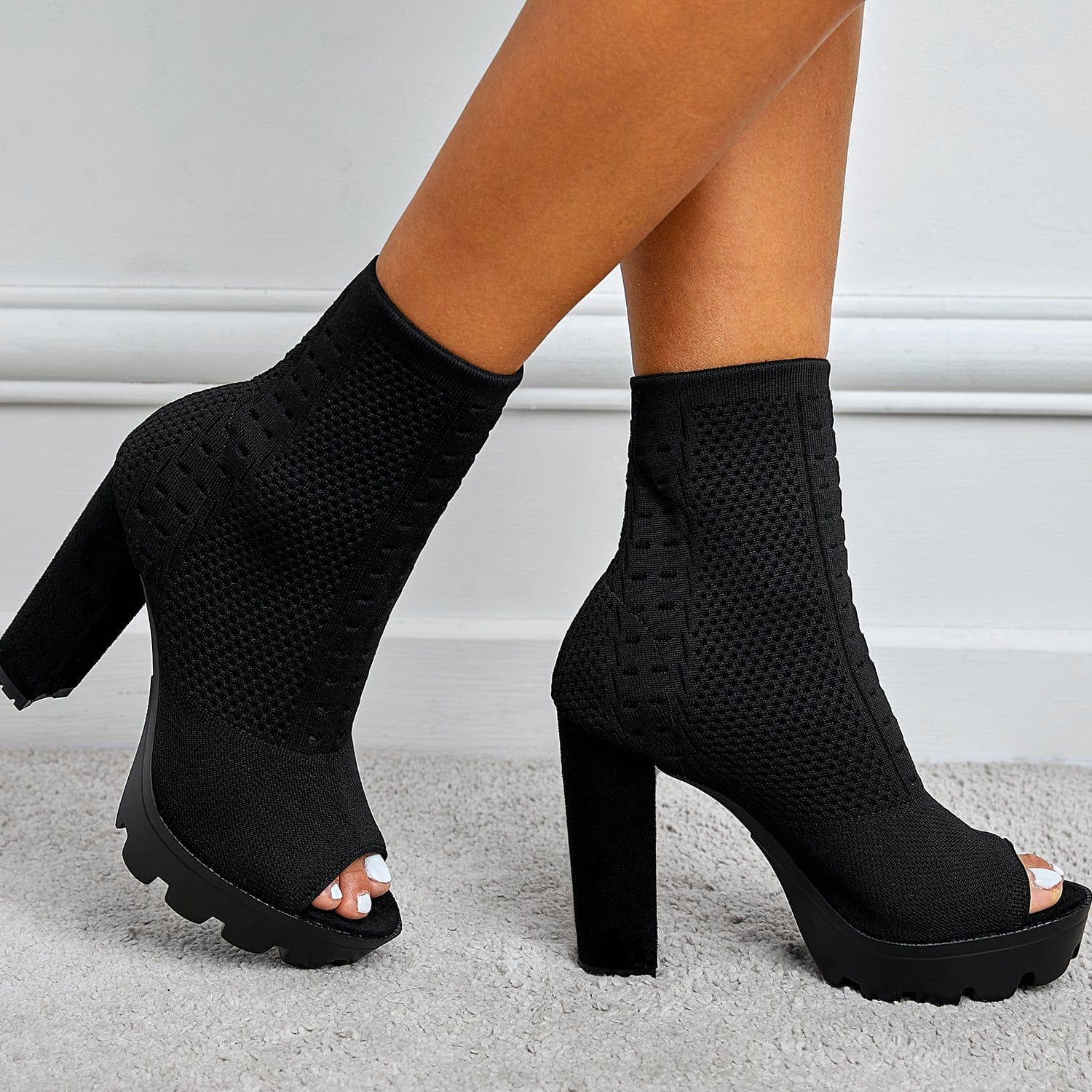 Peep Toe Chunky Heeled Sock Boots Newgew