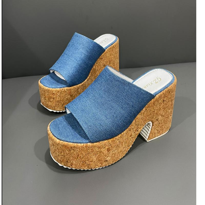 Denim Platform Slide Sandals Newgew