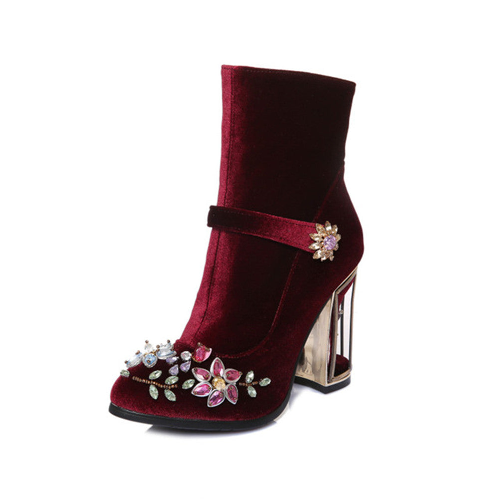 Novelty Handmade Velvet Ankle Booties with Rhinestone Floral Decoration Newgew