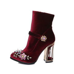 Novelty Handmade Velvet Ankle Booties with Rhinestone Floral Decoration Newgew