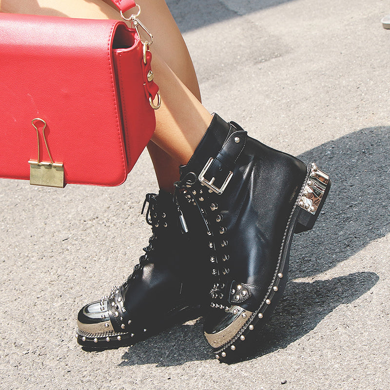 Nia Rivet Studded Combat Boots Newgew