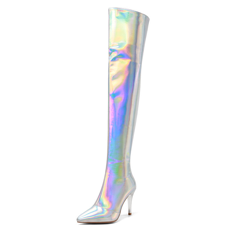 Etta Silver Holographic Thigh High Boots with Heels NEW GEW