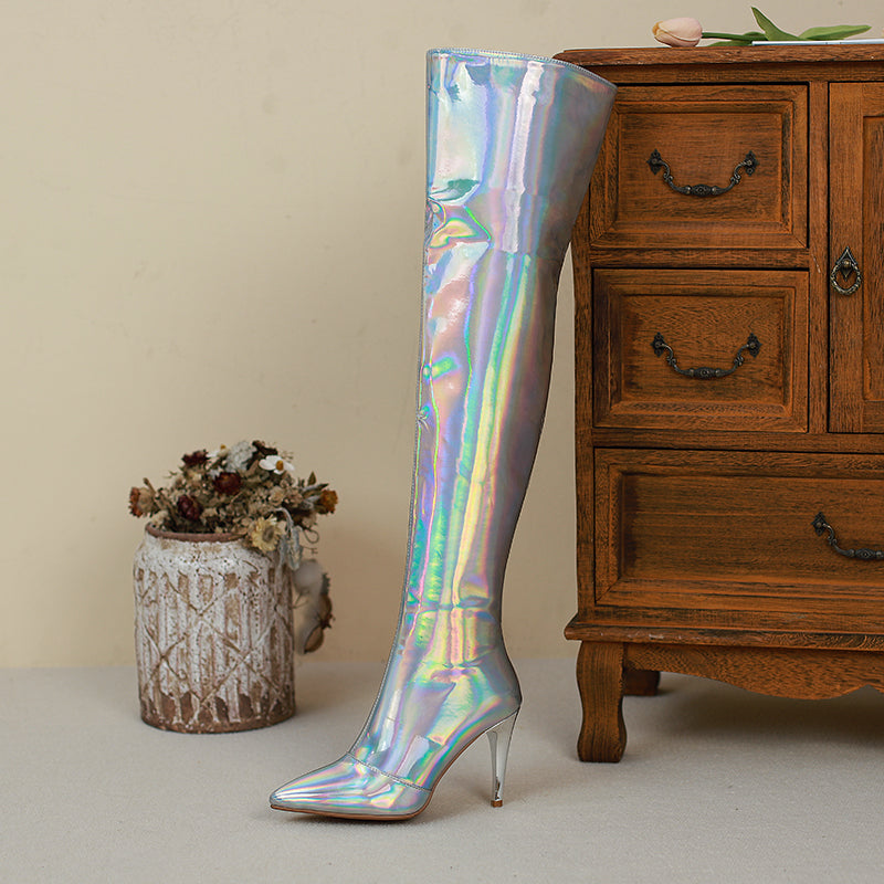 Etta Silver Holographic Thigh High Boots with Heels NEW GEW