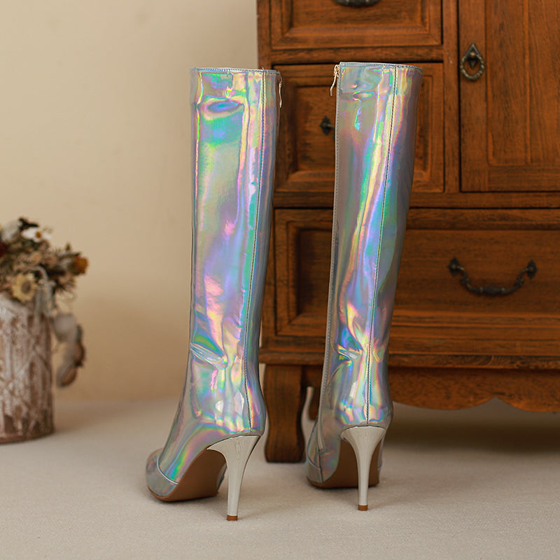 Etta Silver Holographic Knee High Boots with Heels NEW GEW
