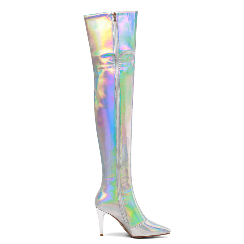 Etta Silver Holographic Thigh High Boots with Heels NEW GEW