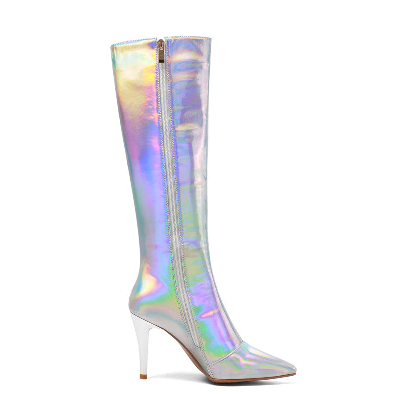 Etta Silver Holographic Knee High Boots with Heels NEW GEW