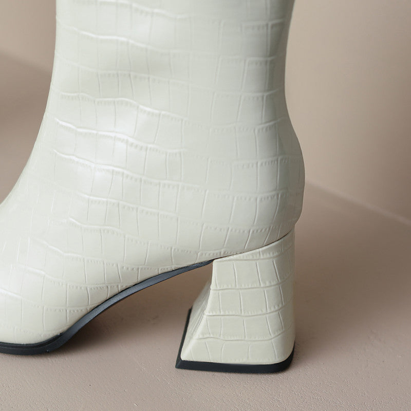 Fia Square Toe White Block Heel Boots Newgew