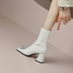 Fia Square Toe White Block Heel Boots Newgew