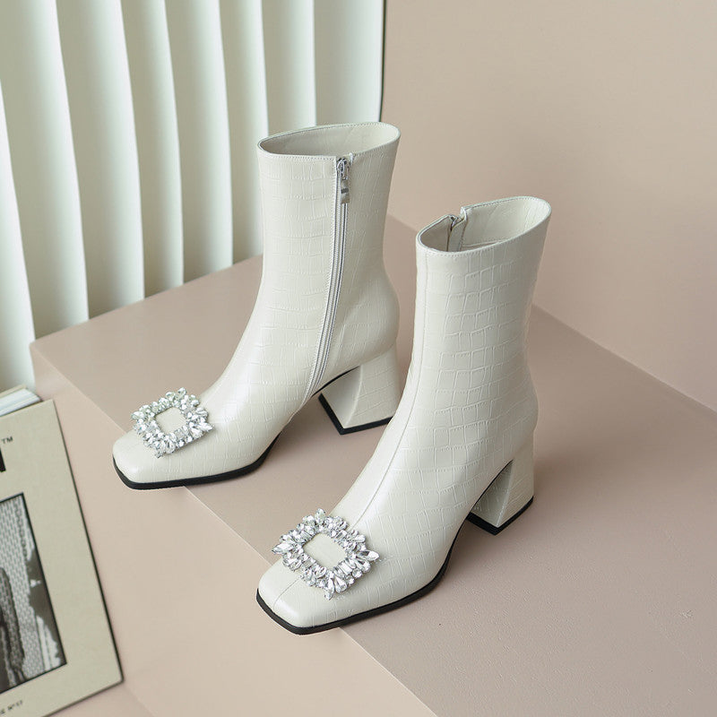 Fia Square Toe White Block Heel Boots Newgew