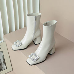 Fia Square Toe White Block Heel Boots Newgew