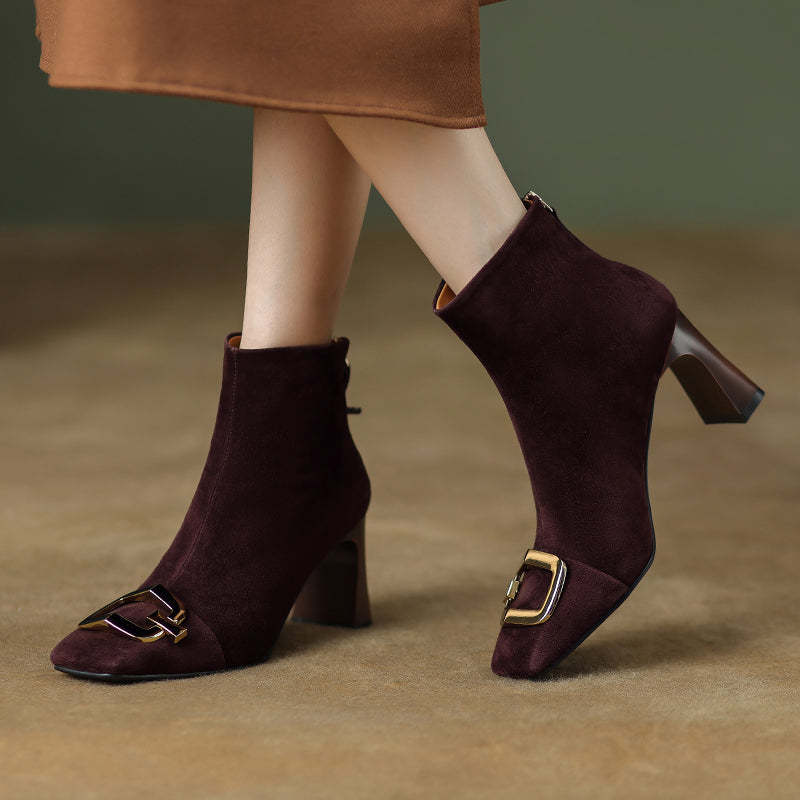Isley Suede Brown Square Toe Ankle Boots Newgew